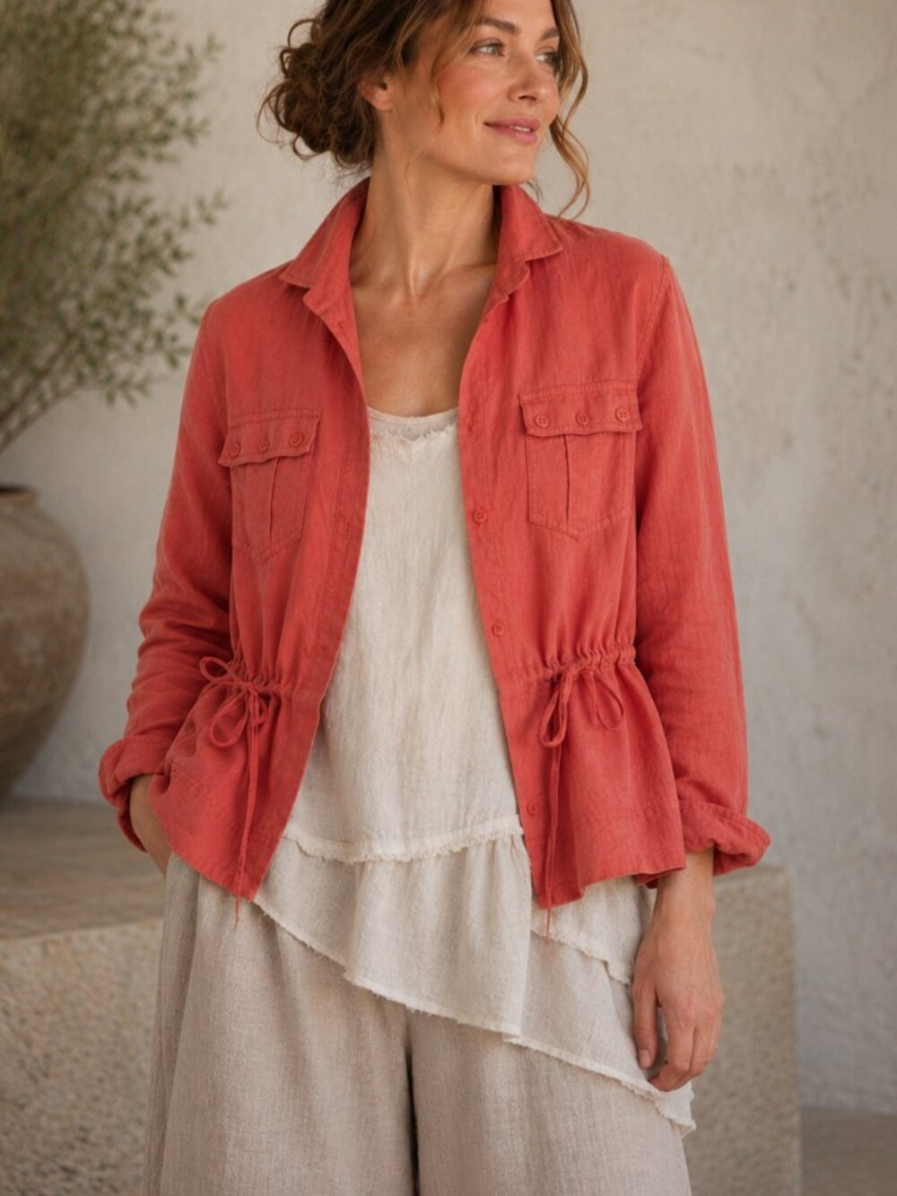 Jones New York Coral Linen Drawstring Utility Jacket L Coastal Resort NWOT